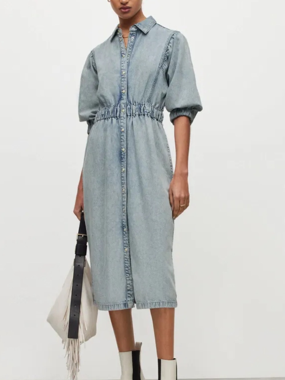 SOLD AllSaints Light Blue Denim Midi Shirt Dress